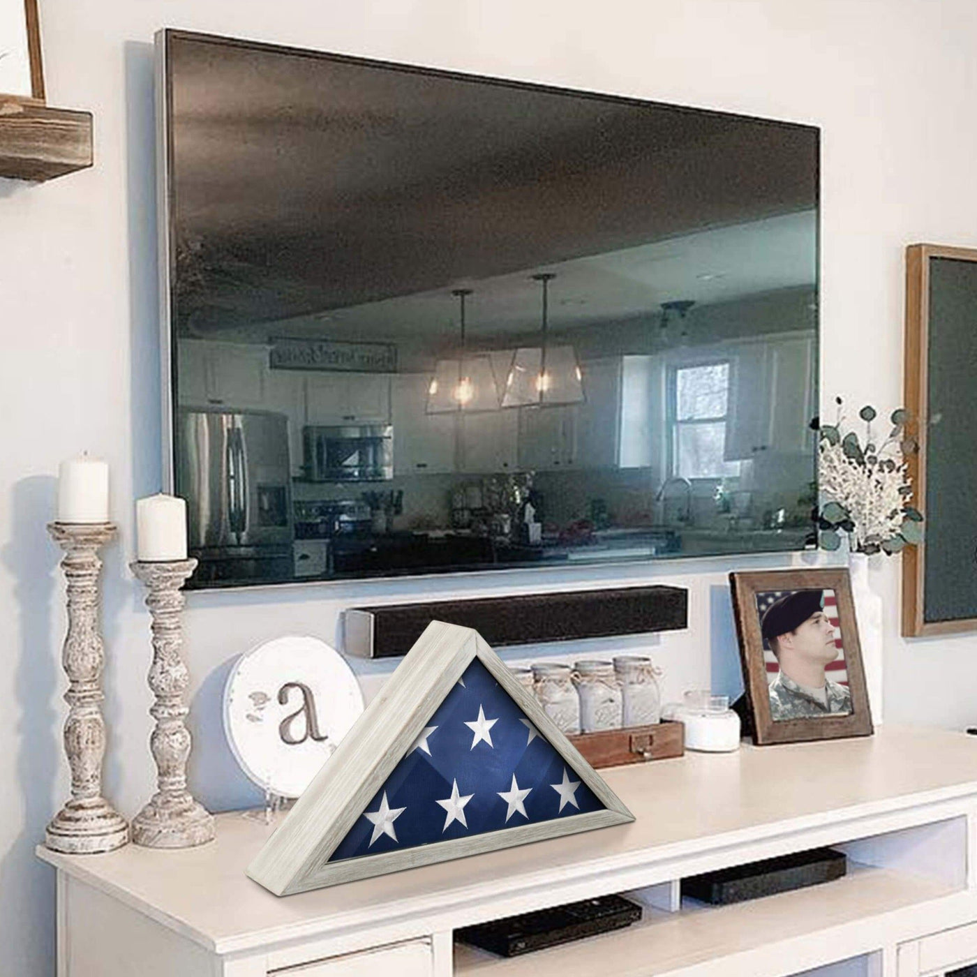 Rustic Military Flag Display Case for 9.5 x 5 American Veteran Burial Flag - Whitewashed Wood