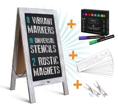 THE DELUXE SET Rustic Magnetic A-Frame Chalkboard Sign, Markers, Stencils & Magnets - 20" x 40"