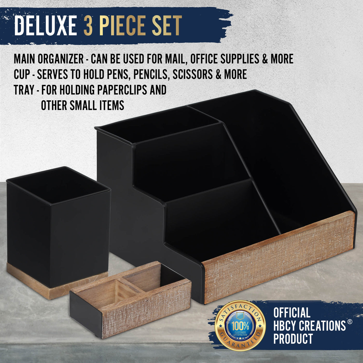 3 Piece Rustic Desk Organizer Set - Black Metal