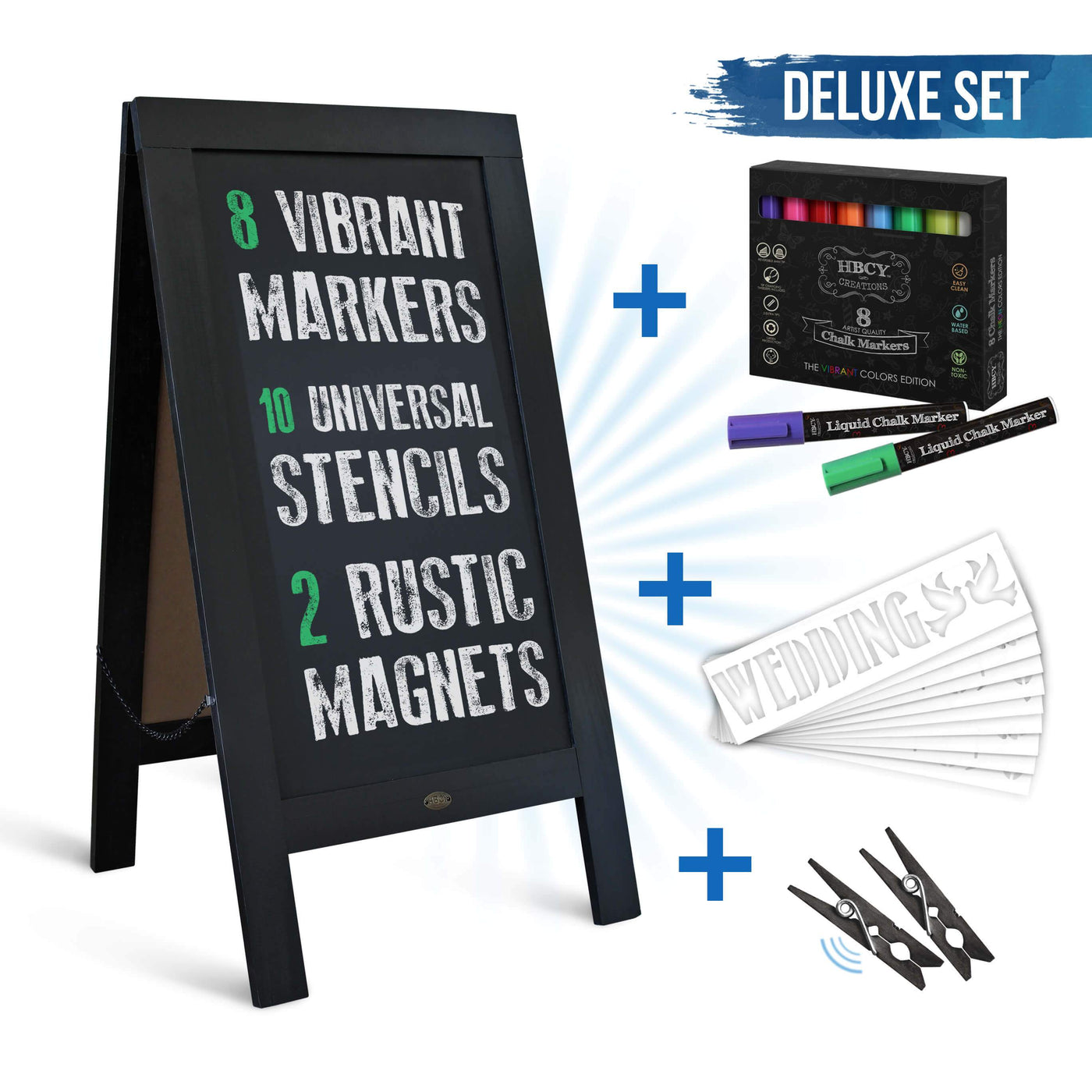 THE DELUXE SET Rustic Magnetic A-Frame Chalkboard Sign, Markers, Stencils & Magnets - 20" x 40"