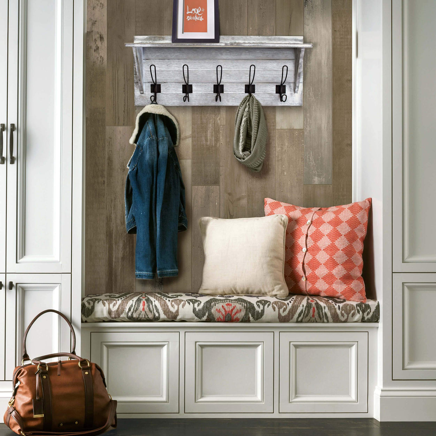 24" Rustic Wall Mounted Coat Rack With Shelf & 5 Hooks - Entryway Shelf