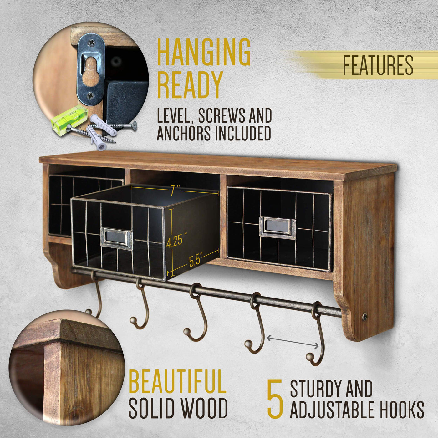 24" Rustic Wall Mounted Coat Rack With Shelf  Baskets Entryway Sh –  hbcycreations